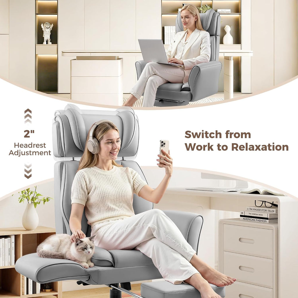 Big and Tall Office Chair, Flip Armrests for Cross Legged Sitting, Ergonomic Leather Executive Desk Chair with Foot Rest, High-Back Reclining Computer Chairs for Office Home Game - Light Gray - Image 5
