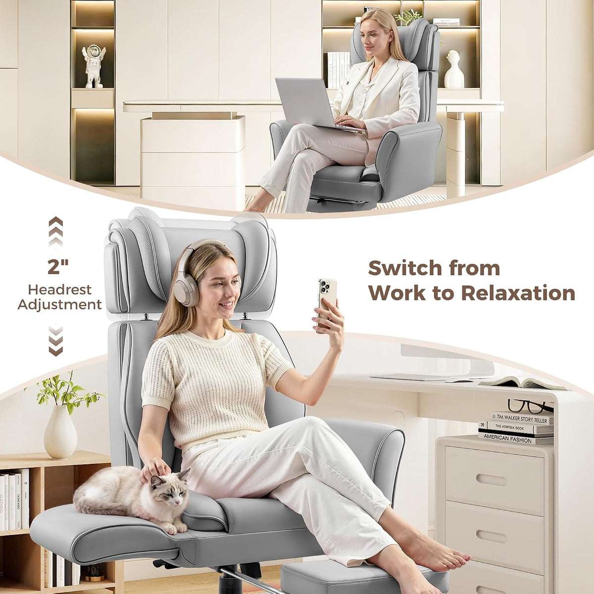 Big and Tall Office Chair, Flip Armrests for Cross Legged Sitting, Ergonomic Leather Executive Desk Chair with Foot Rest, High-Back Reclining Computer Chairs for Office Home Game - Light Gray - Image 5