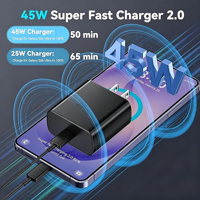 45W Super Fast Charger USB C Android Phone Type C Charger Fast Charging Block with 5FT Cord for Samsung Galaxy S26/S26 Ultra/S26+/S25 Ultra/S25/S24 Ultra/S24/S23 Ultra/S22/S21/S20/Note 10, Black - Image 2