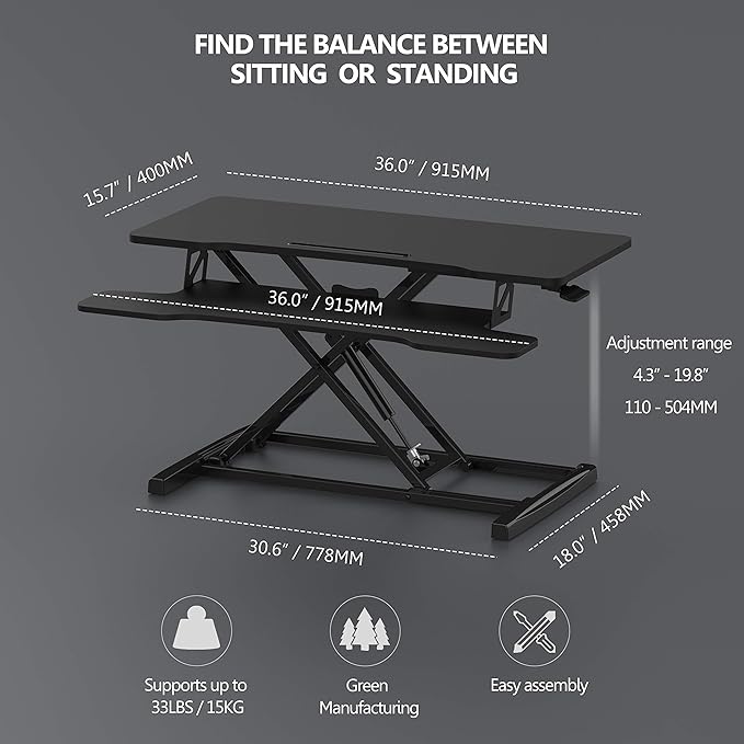 FITUEYES Height Adjustable Standing Desk 36” Wide Sit to Stand Converter | Standing Desk Converter,Stand Up Desk Riser,for Laptop Dual Monitor Riser,Tabletop Workstation for Home Office,Easy Assembly - Image 4