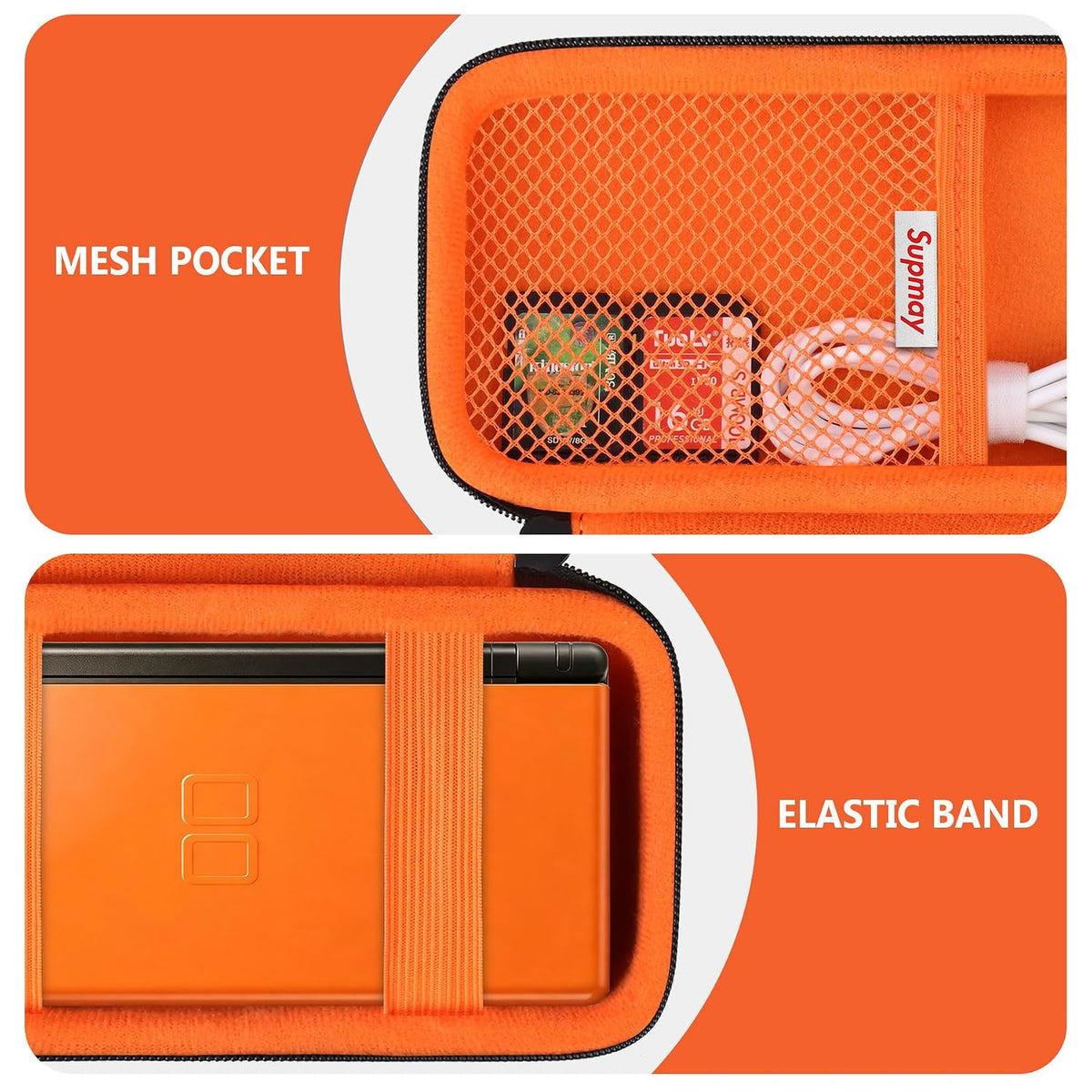 Supmay Hard Carrying Case Compatible with Nintendo DS Lite NDSL, Gameboy Advance Games Storage Holder Travel Bag with Mesh Pocket for USB Charging Cable, Stylus, Earphones, Game Cartridge, Orange - Image 4