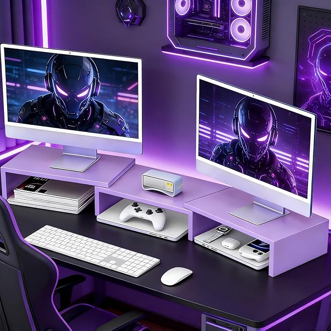 Desk Organizers and Accessories, Dual Monitor Stand Riser, Monitor Desk Shelf for Desktop Organization (Purple) - Image 7