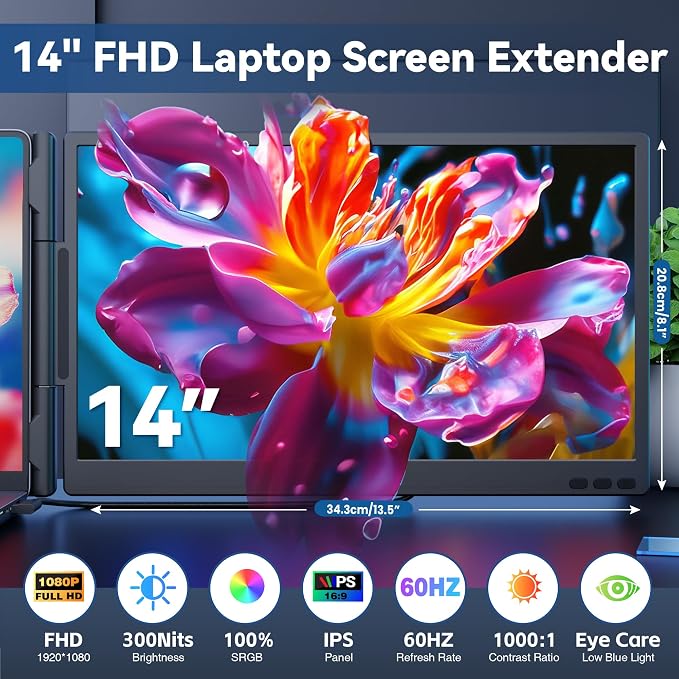 CIDETTY Laptop Screen Extender Monitor Portable, 14" Ultra-Thin Dual Laptop Monitor FHD 1080P IPS, USB-C/HDMI Plug & Play Travel Monitor for 13-17" Laptops, Compatible with Wins/Mac/Chrome/Switch - Image 2