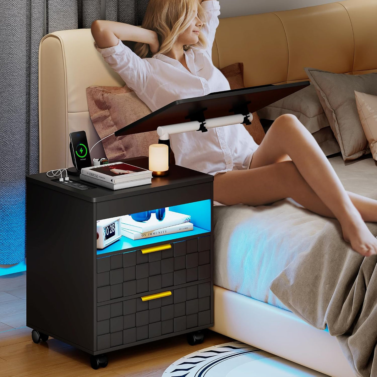 Rolling Nightstand with Wheels, LED Lights, Charging Station - Image 9