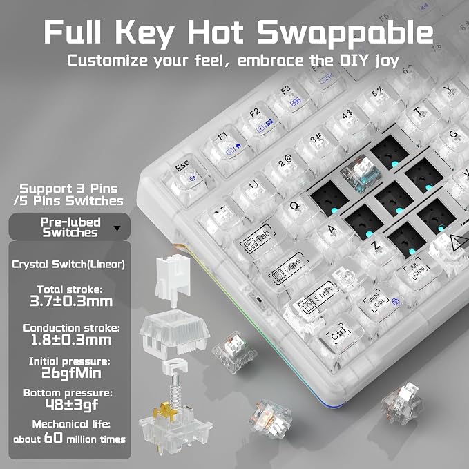 Aula F98Pro V3 Wireless Mechanical Gaming Clear Keyboard with Screen & Knob | Triple-Mode Hot Swappable, Gasket Mount Linear Switches, Clear Keycaps RGB Backlit, TFT Screen 10000mAh Battery for PC/Office - Image 7