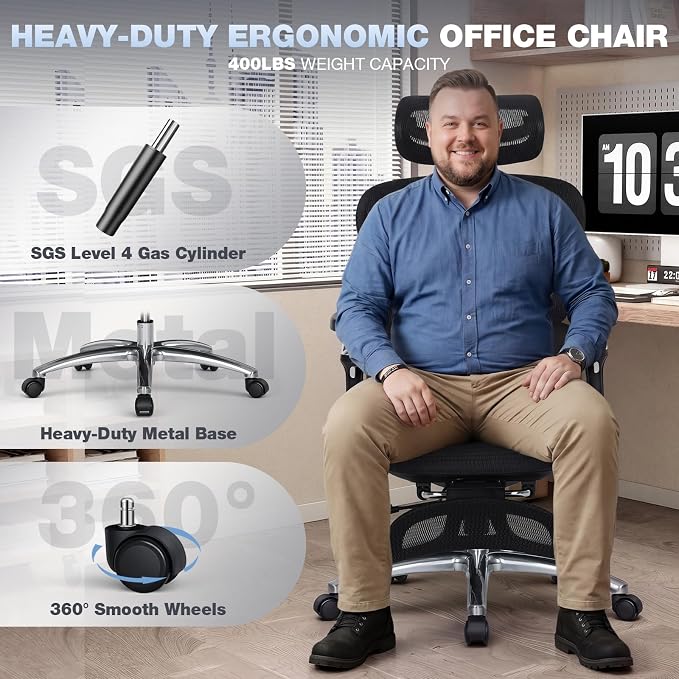 MALOL Ergonomic Office Chair, 400lbs High Back Mesh Desk Chair with 6D Armrests, 3D Headrest, Adjustable Lumbar Support, Seat Depth Adjustment, Tilt Lock, Metal Base & PU Wheels, Black - Image 8