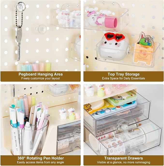 Comix Desk Organizer with 2 Drawer, Beige 360° Rotating Pen Holder for Desk | Desk Organizers and Accessories with 5 Slots Pencil Holder+Pegboard+Drawer, Pen Organizer for Home School Art Office Supplies - Image 4