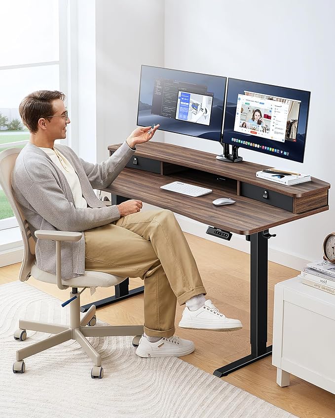 HUANUO 55" x 26" Electric Standing Desk with 2 Drawers, C-Clamp Mount Compatible, Height Adjustable Computer Desk, Home Office Stand Up Desk with 4 Preset Heights & 2 Hooks, Walnut - Image 2