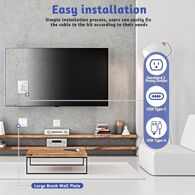 in Wall Cable Management Kit with Brush Wall Plate, AC Outlets & USB Ports | 9.8ft Cord, Recessed Outlet Box, for Walls Mount TV with Cable Management Box, in Walls TV Connection Kit, White - Image 6