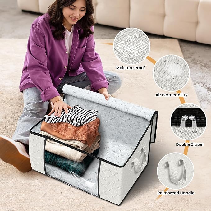 Fab totes 4 Pack Storage Bags for Clothes Blanket Storage Bins with Lids | Foldable Closet Organizers with Zippers,Window and Handles,Fabric Storage Bins for Sweater,Comforter,Bedding,Dorm essentials - Image 4