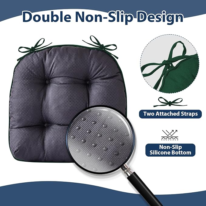 IASEAHK Chair Cushions for Dining Chairs, Seat Cushions for Kitchen Chairs, Indoor Seat Cushions with Ties, Tufted Foam Chair Pads, Non Slip Chair Cushions Set of 6, 15.5" x 15.5" x 4", Dark Green - Image 4