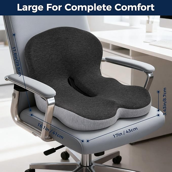 Seat Cushion, Office Chair Cushions for Tailbone Relief, Seat Cushions for Office Chair with L-Shaped Ergonomic Design & Adjustable Strap, Memory Foam Chair Cushion for Long Sitting (Black Gray) - Image 2