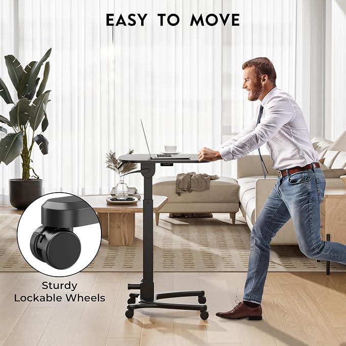 BONTEC Mobile Foldable Standing Desk, Gas Spring, 25.6 x 19.7 Inch, Black | Portable Adjustable Height Laptop Table with Wheels, Small Rolling Design for Home, Office, Bedroom and Medical Use - Image 5