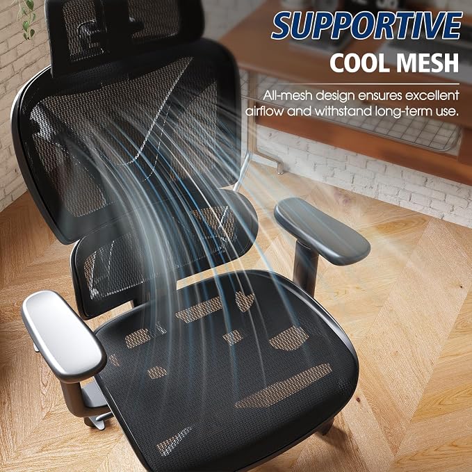 Ergonomic Office Chair, Big and Tall Mesh Chair with Lumbar Support, 3D armrest - 215° Rotation, Adjustable Headrest & Soft Seat, Durable Computer Chair 350LBS for Work Gaming - Image 8