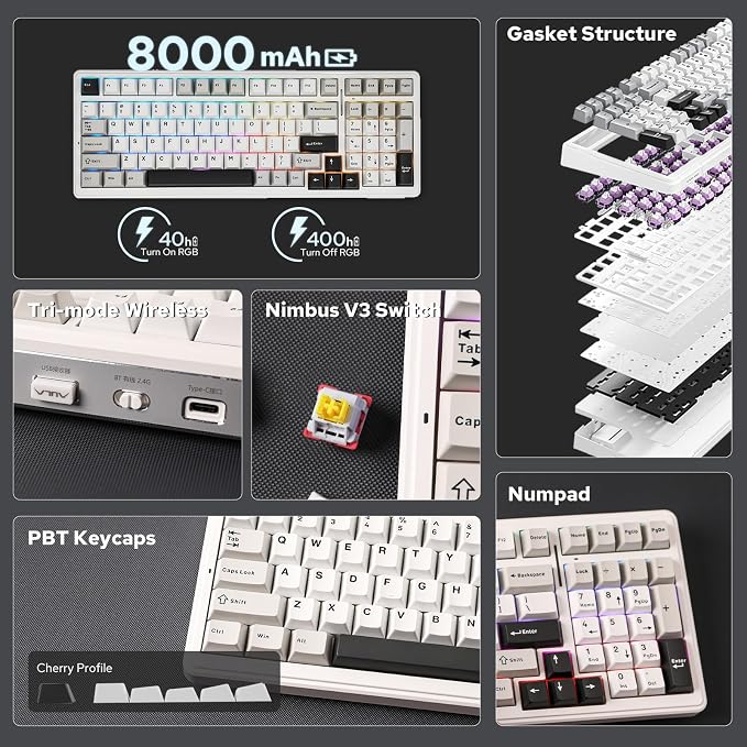 EPOMAKER x Aula F99 Wireless Mechanical Keyboard, Hot Swappable Gasket | Custom Gaming Keyboard with Five-Layer Padding, BT/2.4GHz/USB-C, 8000mAh Battery (White Grey, Nimbus V3 Switch) - Image 2