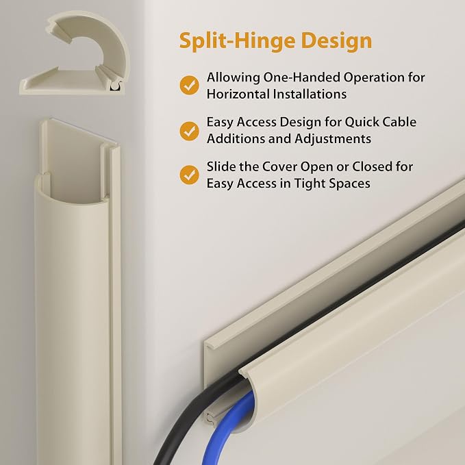 ZhiYo 39in Cord Hider for 2-3 Wall-Mounted TV Wires, 1.2"W x 0.55"H, White | Split-Hinge Design for Easy Installation, Half-Round Glazed Finish Ideal for Wall/Baseboard, Self-Adhesive, 3 Pack (13" Each) - Image 8