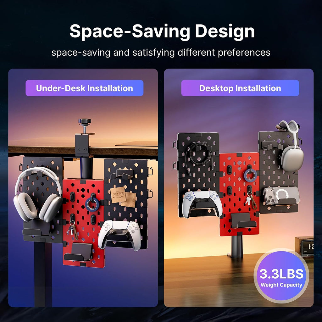 PEGZONE Modular Headphone and Controller Holder for Game, Clamp-on Pegboard, Rotatable Controller Stand with Cable Hooks, Gaming Accessory for Xbox PS5 PS4 Nintendo Switch, 3Pcs Pegboard, Red - Image 3