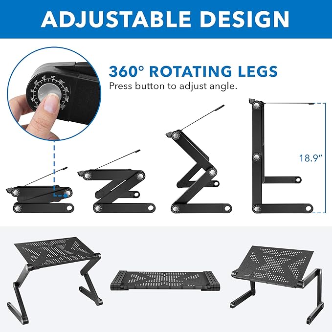 Mount-It! Adjustable Laptop Stand & Lap Desk, Freestanding Sit-Stand Laptop Tray for Bed, Couch, Desk & Floor, 22 lb Capacity, 1.6–18.9” Height, Ventilated Aluminum, Ships Fully Assembled - Image 4