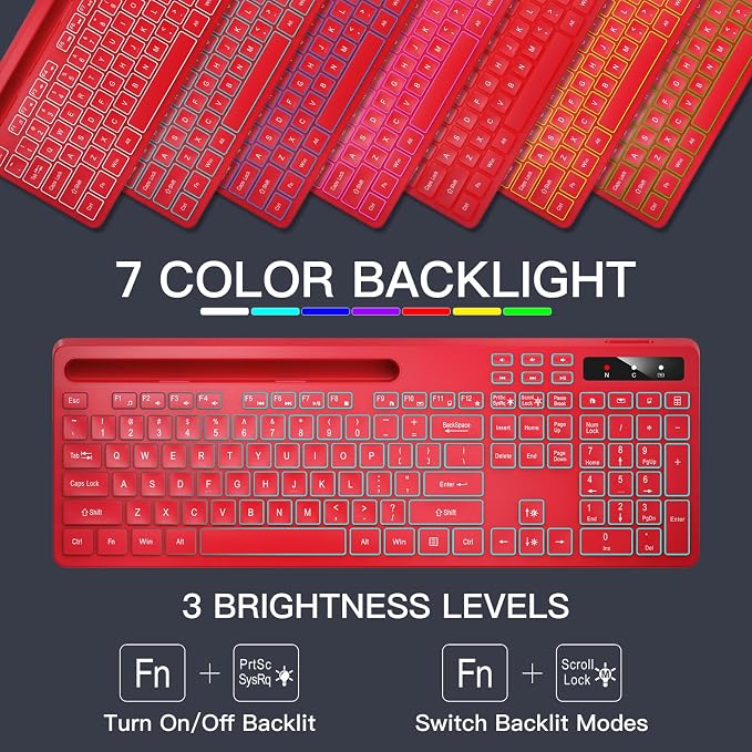 Soueto Wireless Keyboard with 7-Color RGB Backlit, Full-Size Computer Keyboard with Phone Tablet Holder, 2.4G Rechargeable Gaming Keyboard with Light Up Keys, Compatible with Mac, Windows (Red) - Image 2