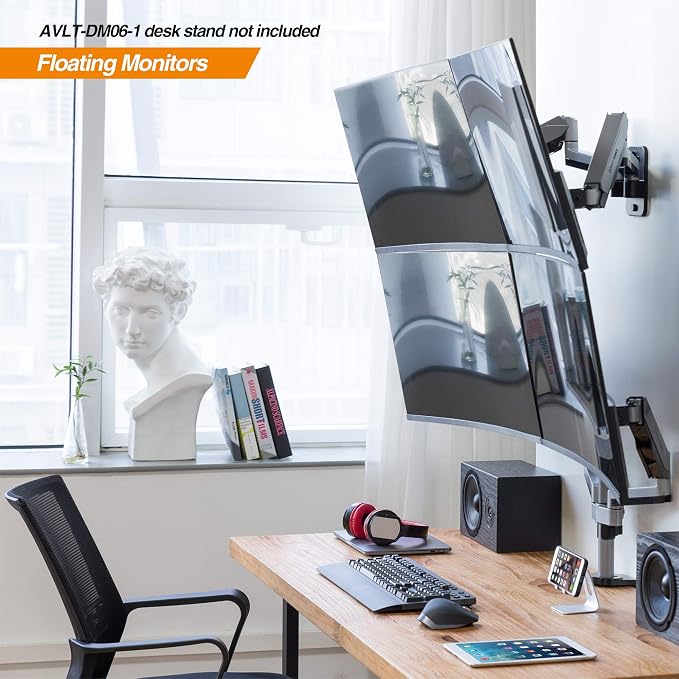 AVLT Dual Monitor Arm Wall Mount for 13-32" Screens, Full Motion - Silver | Supports flat/curved screens up to 17.6 lbs each. Smooth gas spring, VESA 75x75/100x100 and clean cable routing - Image 2