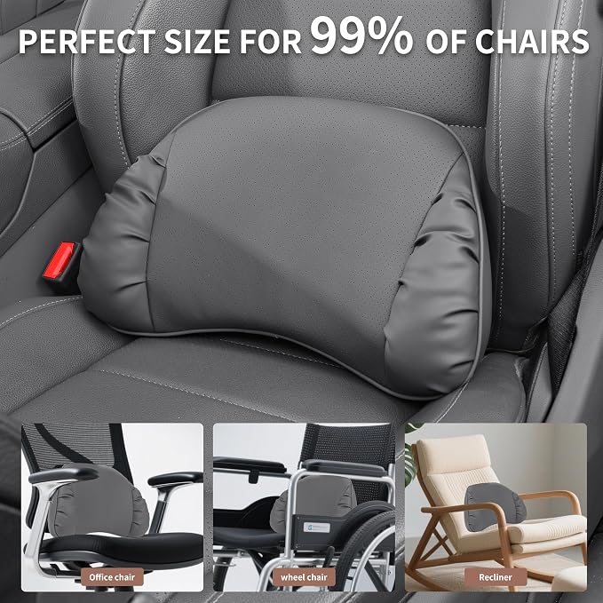 Memory Foam Lumbar Support Pillow for Car Seat, Gray, 1 Pack | Leather Lumbar Pillow for Lower Back Pain Relief - Back Cushion for Driving - Chair Support for Office Chair, Gaming Chair - Image 5
