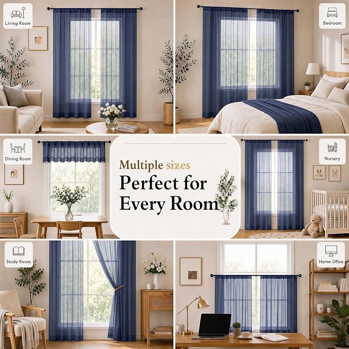 Navy Blue Sheer Curtains 84 inches Long for Living Room 2 Panels Set | Sheer White Curtains for Bedroom, Rod Pocket Airy Light Filtering Window Treatments, 2pcs, Each Panel 42" Width x 84" Long - Image 8