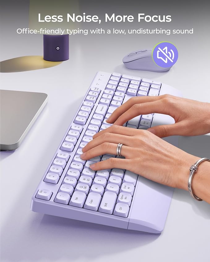 seenda Wireless Bluetooth Ergonomic Keyboard Mouse Combo, Full Size, Purple | USB/Bluetooth multi-device switching, with wrist rest, number pad, and quiet operation for PC, laptop, Mac, MacBook, and iPad - Image 5