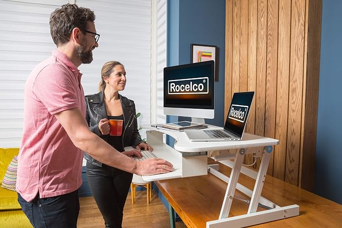 Rocelco 37.5" Deluxe Height Adjustable Standing Desk Converter with Anti Fatigue Mat BUNDLE - Quick Sit Stand Up Computer Workstation Riser - Large Retractable Keyboard Tray - White (R DADRW-MAFM) - Image 2