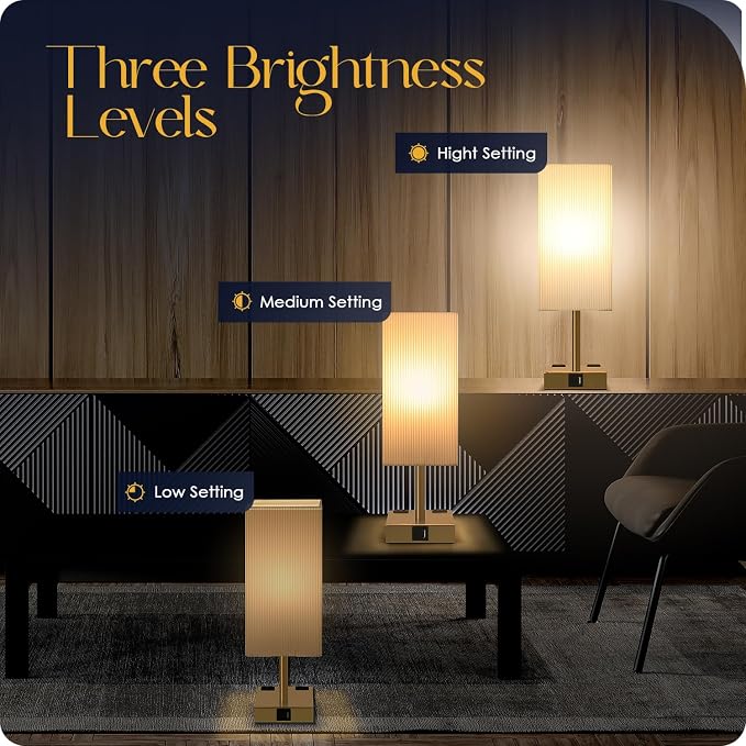 Set of 2 Bedside Table Lamp 3 Way Dimmable Nightstand Lamp with USB C & USB A Charging Port, 2 AC Outlets, 3000K LED Bulbs (Pleate) - Image 2