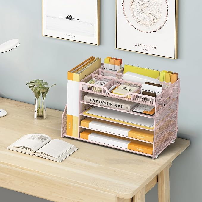 5 Tier Paper Letter Tray Desk Organizer with Pen Holders - Pink | Features 3 pen holders and 4 removable dividers.Versatile mesh desktop storage for mail, document,office supplie - Image 6