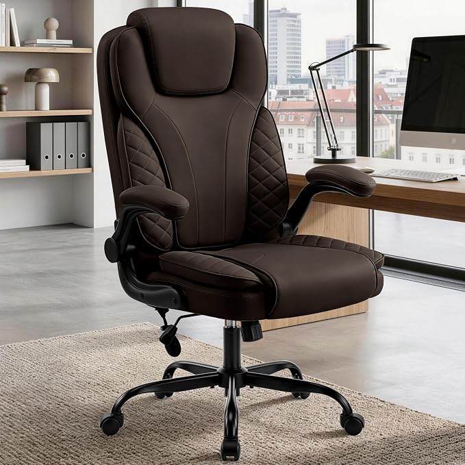 Ergonomic Office Chair, PU Leather High Back Executive Chair with Adjustable Inflatable Lumbar Support and Padded Flip-Up Arms, Recline Swivel Task Computer Chair for Home Office, Dark Brown - Image 2