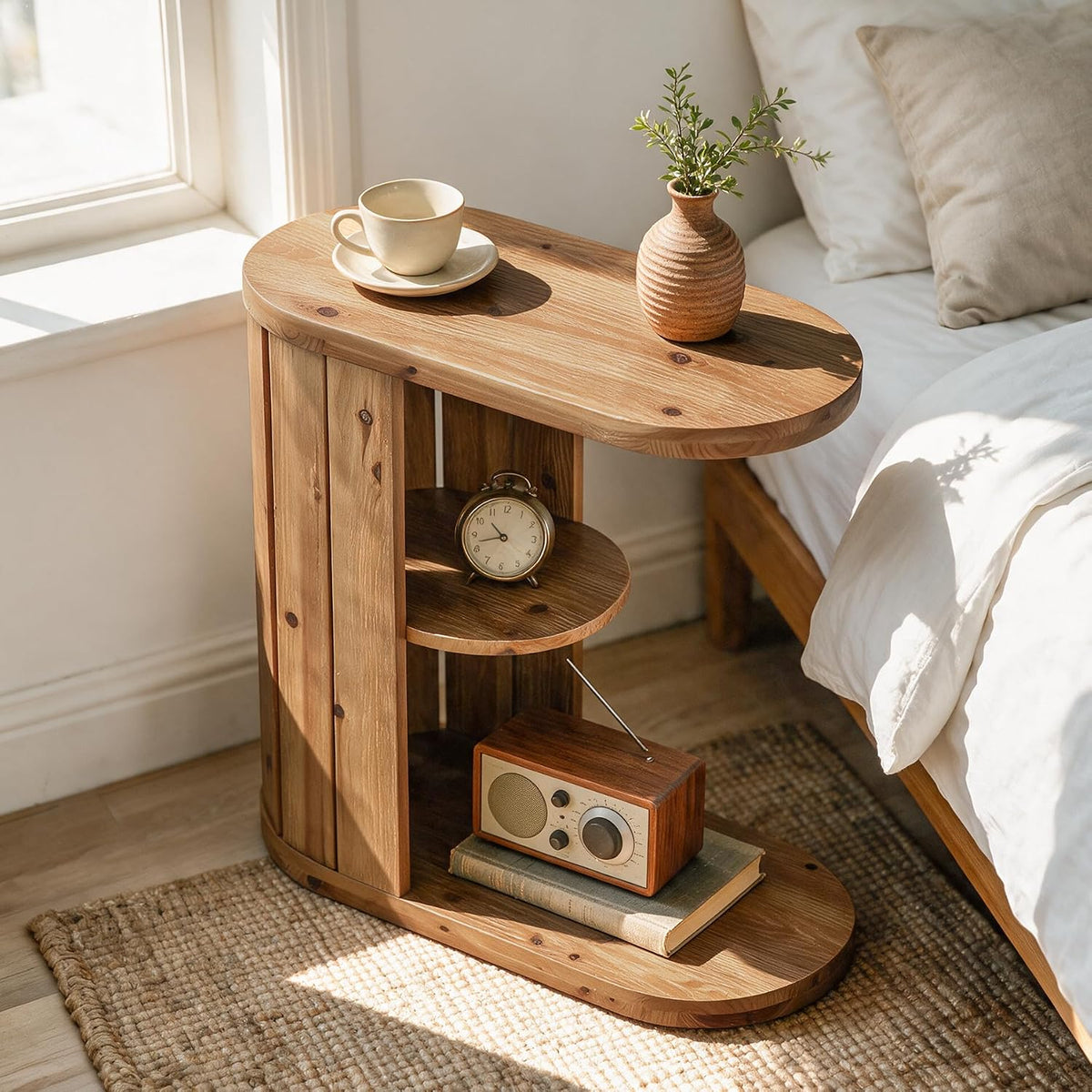 Solid Wood Side Table, C-Shaped Small End Table with Storage - Image 6