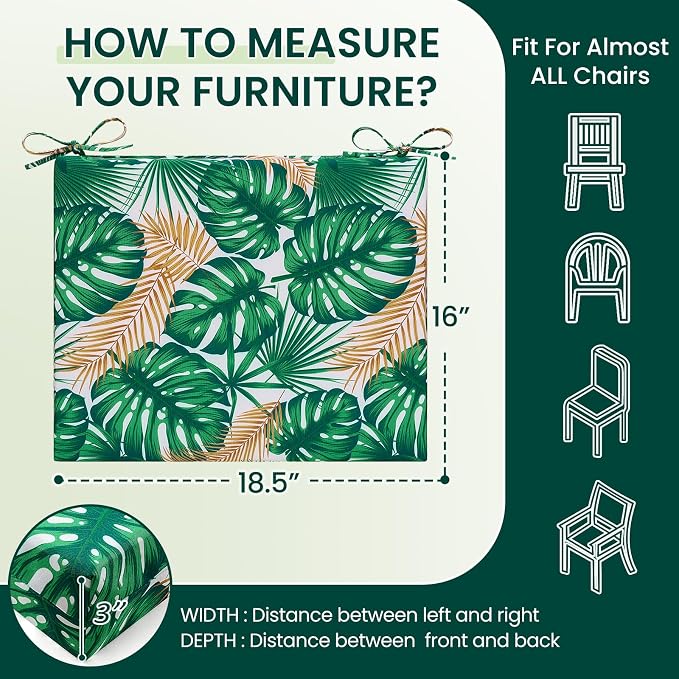 HARBOREST Outdoor Chair Cushions Set of 4, Water Resistant Patio Chair Cushions with Ties, Square Corner Outdoor Seat Cushions for Patio Furniture, 18.5"x16"x3", Frond - Image 6