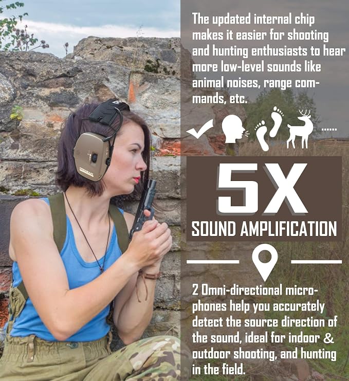 PROHEAR Digital Electronic Shooting Ear Protection Muffs with GEP02 Gel Ear Pads, Hunting 5X Sound Amplification Earmuffs, NRR 23dB Low Profile Hearing Protection for Gun Range - Brown - Image 3