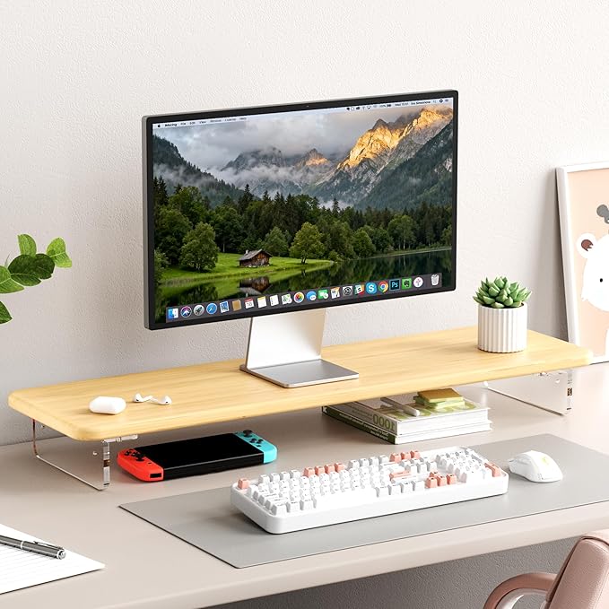 AFOOYO Bamboo Monitor Stand Riser, 31.5 In Computer Riser Desk Organizer | Desk Organizer Adjustable Arylic Feet Computer Monitor Stand, Desk Shelf for Office by AFOOYO