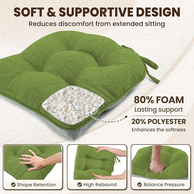 downluxe Indoor Chair Cushions for Dining Chairs, Tufted Overstuffed Textured Kitchen Chair Pads with Ties and Non-Slip Backing, 15.5" x 15.5" x 4", Grass Green, 4 Pack - Image 3