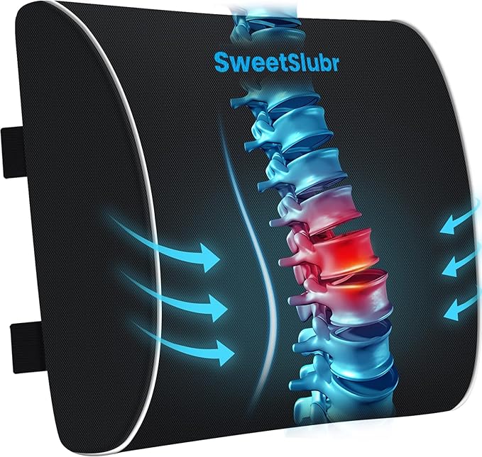SweetSlubr Lumbar Support Pillow for Office Chair, Back Support(Black,XL) | 4.7" Thick, Memory Foam, Adjustable Straps, Machine Washable Mesh Cover, Lower Back Pain Relief for Office, Car & Gaming by Unknown