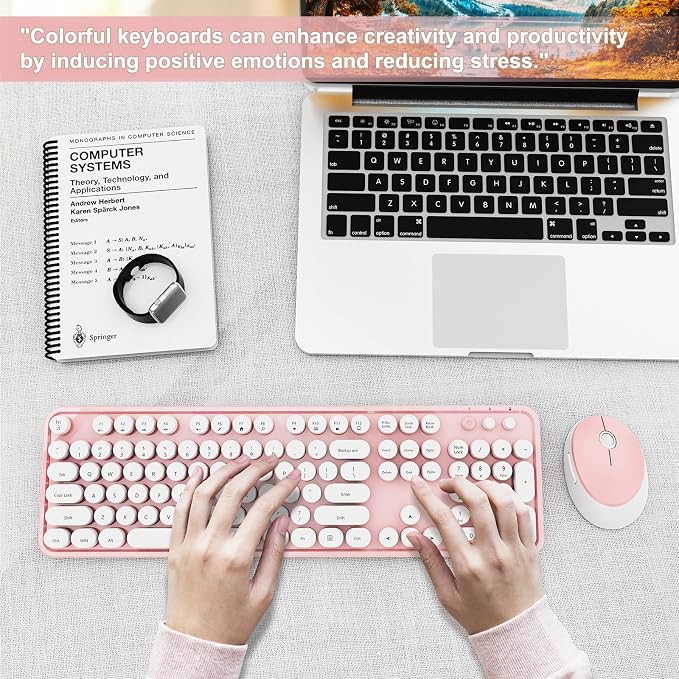 Wireless Keyboard and Mouse Combo, Ergonomic Full Size Typewriter Retro Round Keycaps Keyboard, Compatible with Windows, PC, Perfer for Home and Office Keyboards (Lovely Pink) - Image 7
