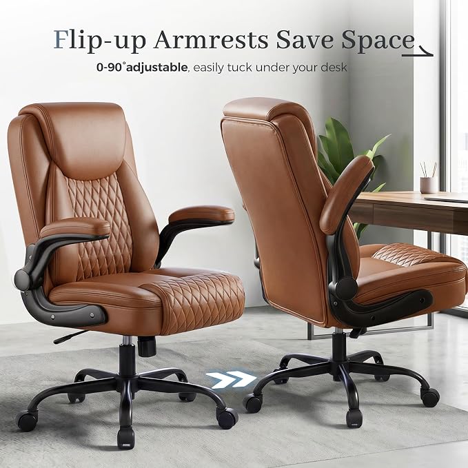 GTPOFFICE Executive Office Chair with Comfortable Lumbar Support, Ergonomic Gaming Chair with Flip-up Armrests & Zoned Pressure-Relief Cushion, Comfy PU Leather Desk Chair, Brown - Image 8