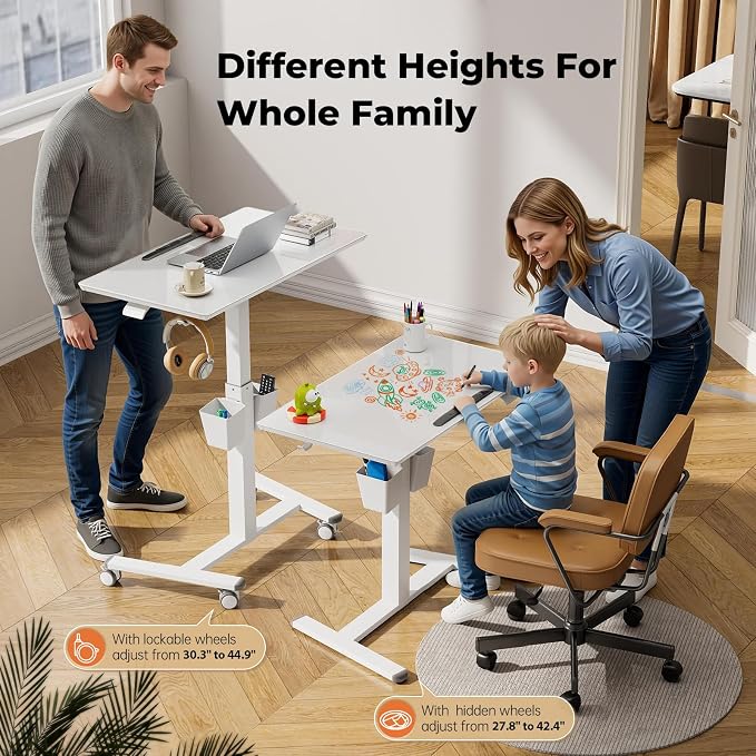 35" Glass Mobile Standing Desk, Foldable Desktop for Storage | Height Adjustable Portable Drafting & Laptop Desk with Wheels, Small Rolling Whiteboard for School Home Office, White - Image 3