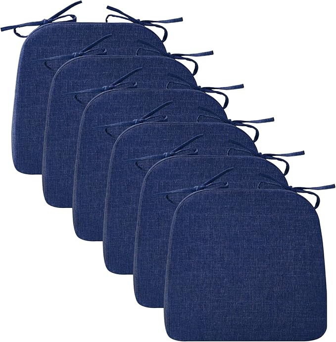 Ruqmuis Chair Cushions for Dining Chairs, 2" Thick Seat Cushions for Kitchen Chairs, D-Shaped Chair Pads with Washable Cover, Ties and Non Slip Backing, 17'' x 16'', Set of 6, Blue by Ruqmuis