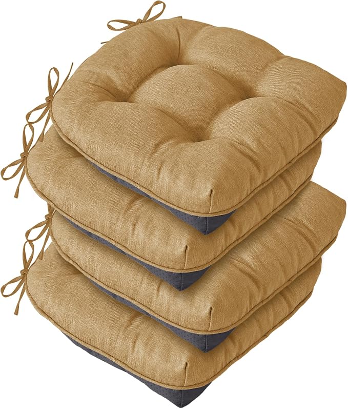 IASEAHK Chair Cushions for Dining Chairs, 15.5" x 15.5" x 4", Khaki | Set of 4, Tufted Foam, Non Slip, With Ties, Machine Washable,Seat Cushions for Indoor&Kitchen&Dining Room by IASEAHK