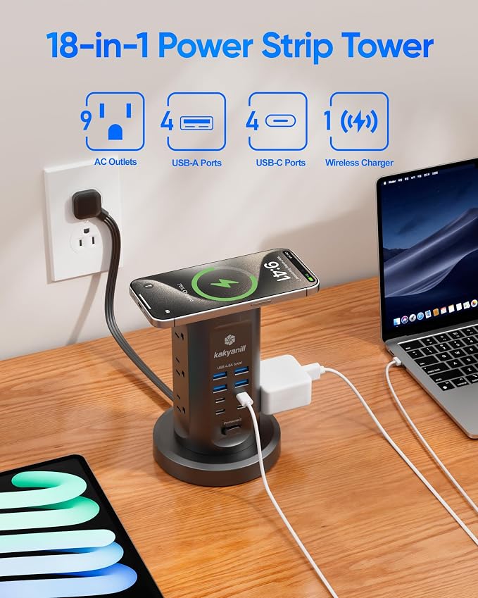 Power Strip Tower, kakyanill Charging Station 9 AC Outlets 8 USB Ports | 6 Ft Retractable Extension Cord, 15W Wireless Charger, Black - Image 3