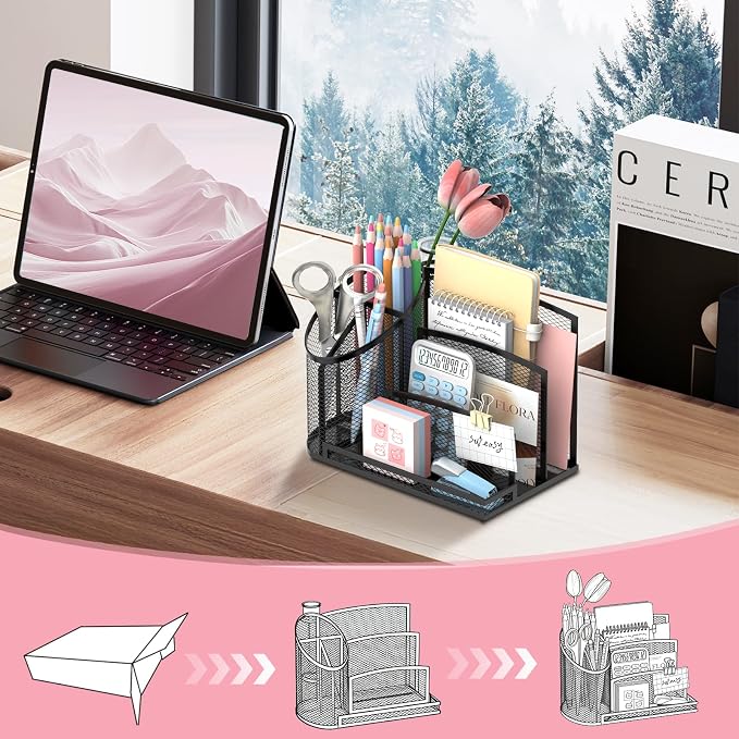 Desk Organizer with 3 Compartment Pen Holder, 3-Slot Mail Organizer and Flower Tube, Metal Mesh Bill Organizer for Pencil, Envelope, Letter and Office Supplies, Black - Image 6