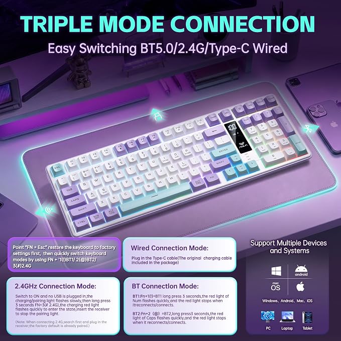 Aula S99pro V2 Full Size Gaming Keyboard,Wireless Creamy Membrane Keyboard | Tri-Mode Bluetooth/2.4GHz/USB-C,16.8mil RGB Backlit,Media Digital Screen,4000mAh Computer Wireless Keyboard with Number Pad - Image 5