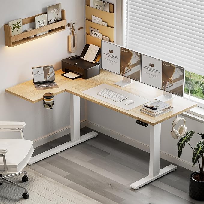 Muvai 59 Inch L Shaped Standing Desk Adjustable Height with Cable Management Tray,Gaming Electric Corner Standing Desk, Sit Stand Computer Table with Reversiable Splice Board,Light Rustic Brown - Image 2