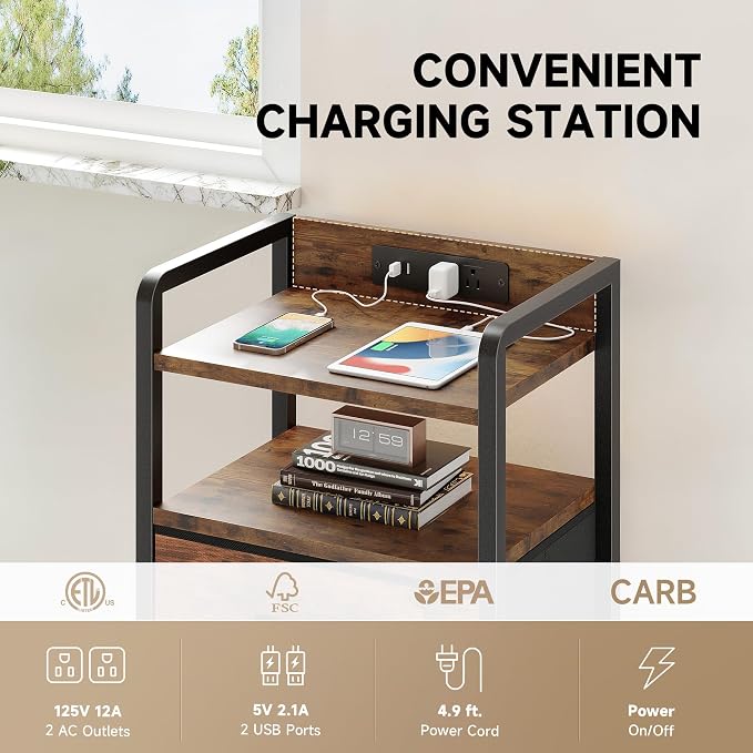 Lazzanto Nightstand with Rear Charging Station, LED Light, 2 Drawers, Brown | Industrial Nightstand, 2 USB-A Ports & AC Outlets, Raised Back Guard, Fabric Storage Drawers, Bedside Table for Bedroom, Dorm - Image 5