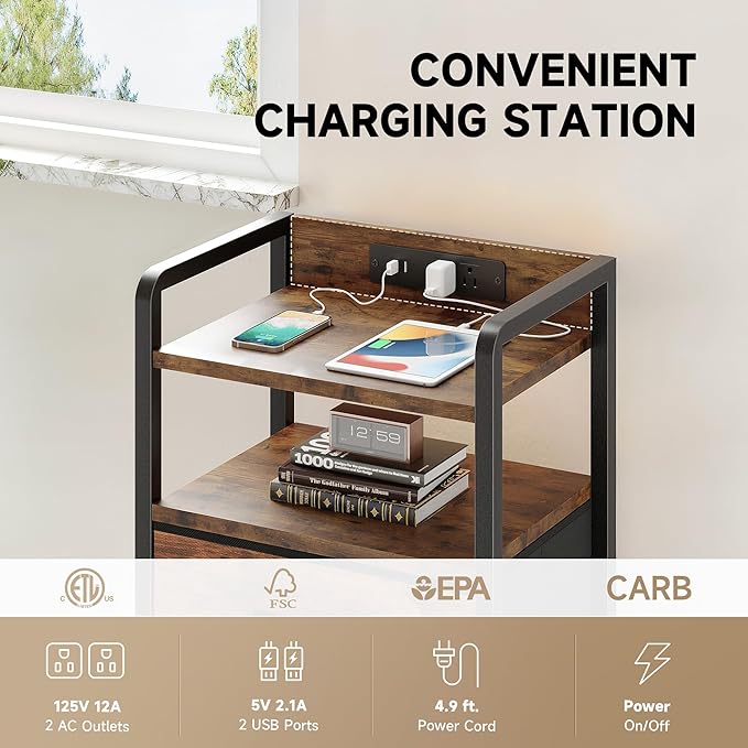Lazzanto Nightstand with Rear Charging Station, LED Light, 4 Drawers, Brown | Industrial Nightstand, 2 USB-A Ports & AC Outlets, Raised Back Guard, Fabric Storage Drawers, Bedside Table for Bedroom, Dorm - Image 5