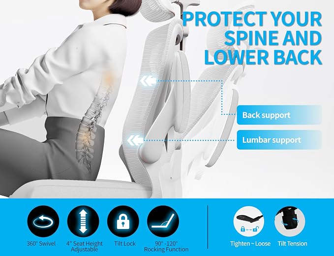 Ergonomic Office Chair: Mesh Desk Chair Comfy with Headrest& Lumbar Support | Ergalithic Big and Tall Office Chairs with Wheels & Flip-Up Arms-Computer Gaming Chairs for Adults Home Office Chairs(White) - Image 3