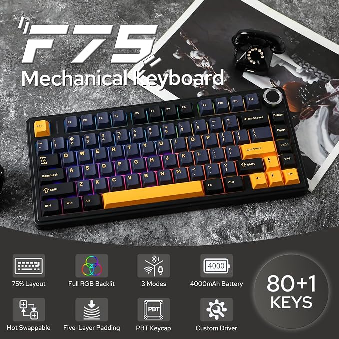 EPOMAKER x Aula F75 Gasket Mechanical Keyboard, 75% Wireless Hot Swappable Gaming Keyboard with Five-Layer Padding&Knob, BT/2.4GHz/USB-C, RGB (Black, LEOBOG Reaper Switch) - Image 2